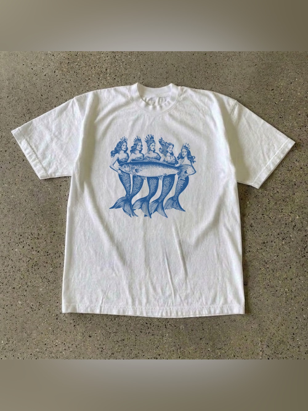 Mermaids Holding Big Five Fish Blue Cottagecore White Graphic T-Shirt